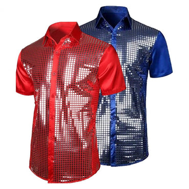 70s Shiny Surface Men Shirt Turn-down Collar Single-breasted Long Sleeves Buttons Cotton Shirt Club Party Disco Stage Show Shirt