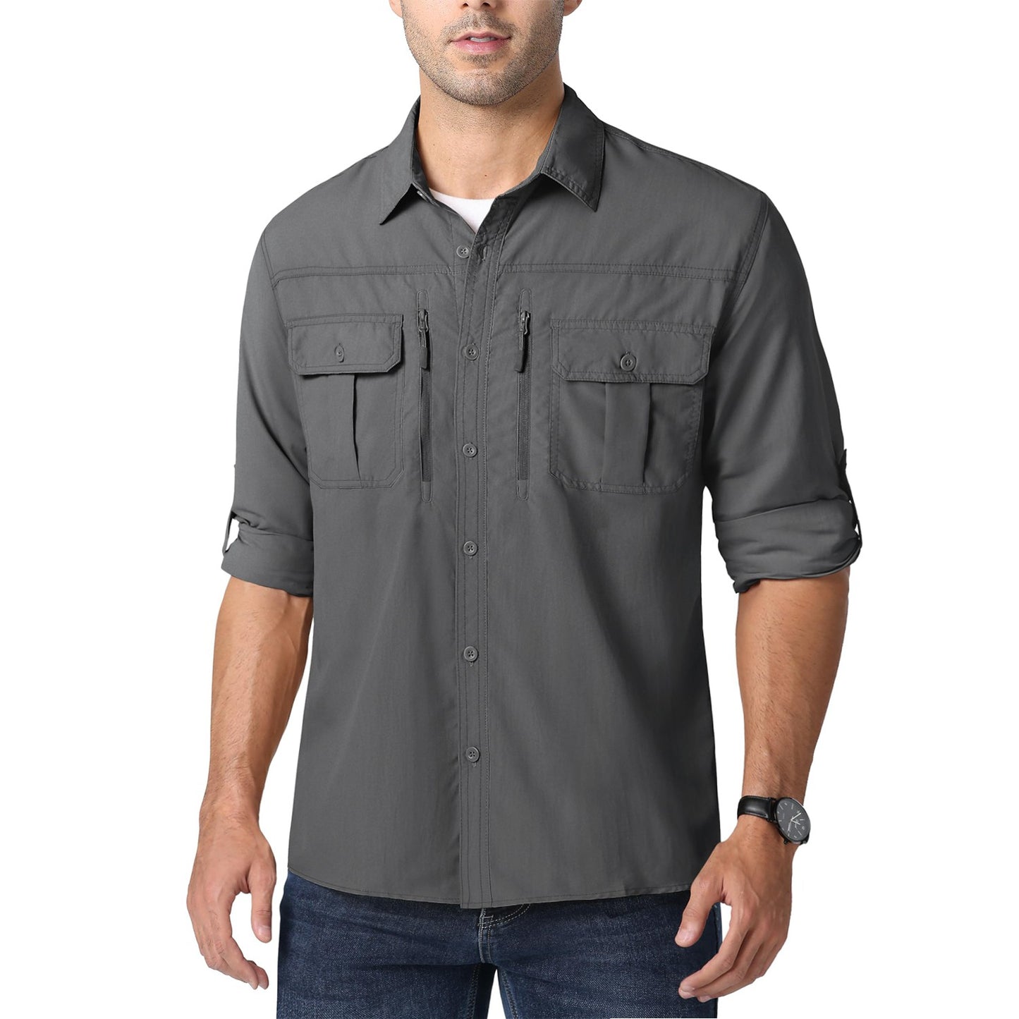 MAGCOMSEN UPF 50+ Mens Quick Dry Cargo Shirts Mesh Breathable Long Sleeve Work Shirts UV block Outdoor Hiking Fishing Shirts