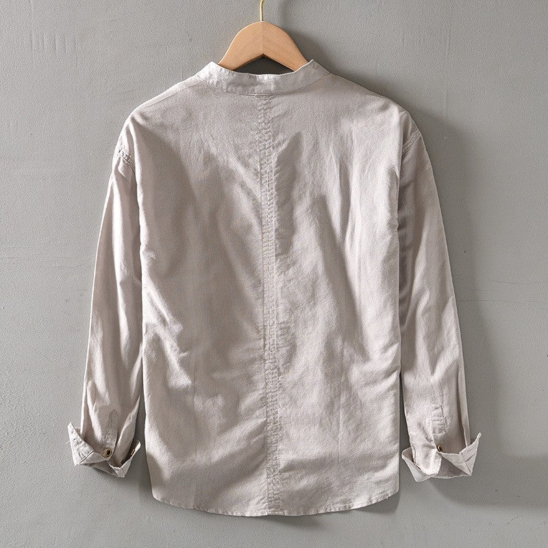 2024 Men's Linen Long-sleeved Shirt with Stand Collar, Youth Casual Loose Men's Cotton and Linen White Shirt.Beach Vacation Top