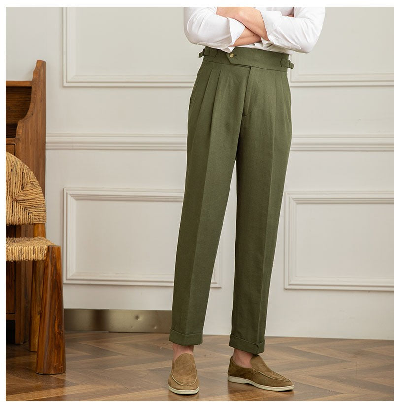 Three Gentleman Summer Naples Casual Straight Pants Men's Commuting Cotton and Linen Comfortable Breathable High Waist Pants