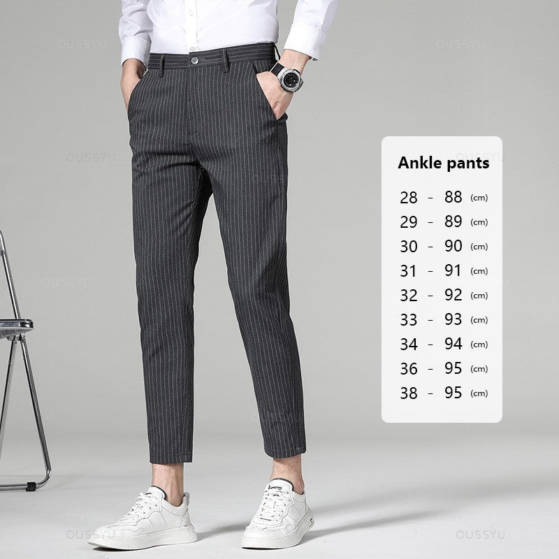 High Quality Plaid Stripe Ankle Length Pants Men Business Long Length Pant Straight Korea Grey Black Suit Formal Trousers Male