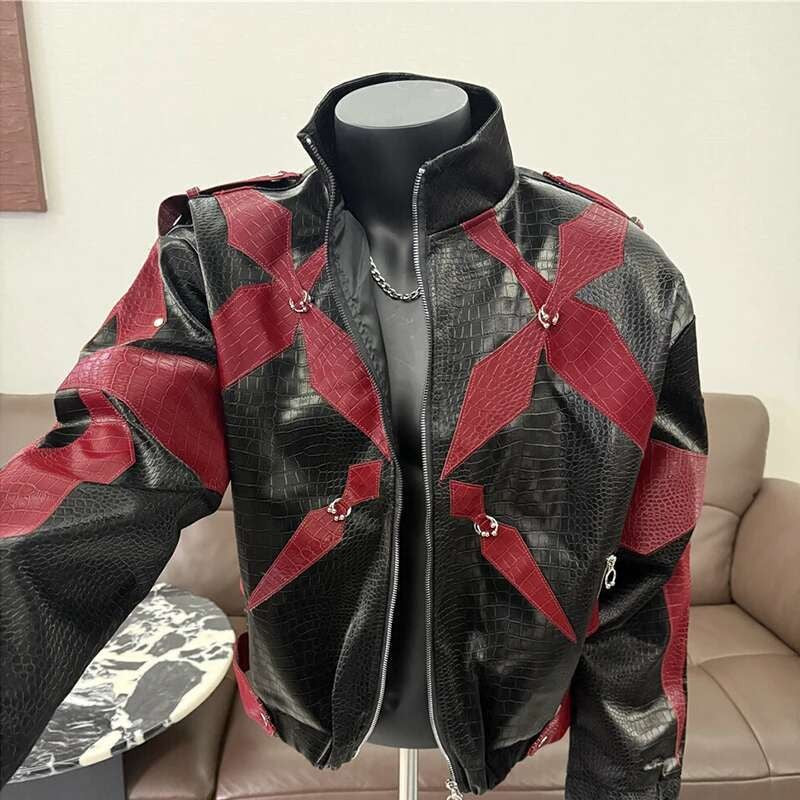 PFHQ Men's PU Leather Jacket 2025 Zipper Stand Collar Contrast Color Korea Fashion Darkwear Male Tops Casual 21E2807