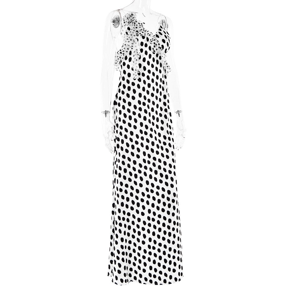 JULISSA MO Sexy Backless Print Dots Flower Women Maxi Dress Spaghetti Strap Eve