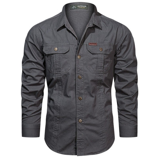 New Autumn Fashion Coton Shirts for Men Long Sleeve Multi-Pocket Cargo Shirt Solid Color Casual Outdoor Colthing Men's Shirt