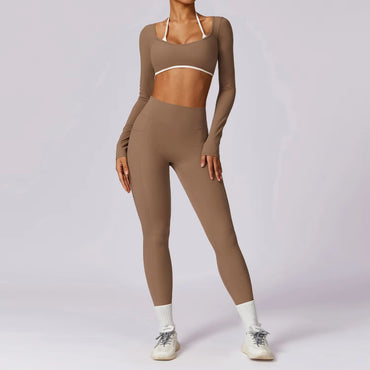 Yoga Set 2PCS Women Sportswear Push Up Workout Clothes Athletic Wear Gym Legging Fitness Bra Crop Top Long Sleeve Sports Suits