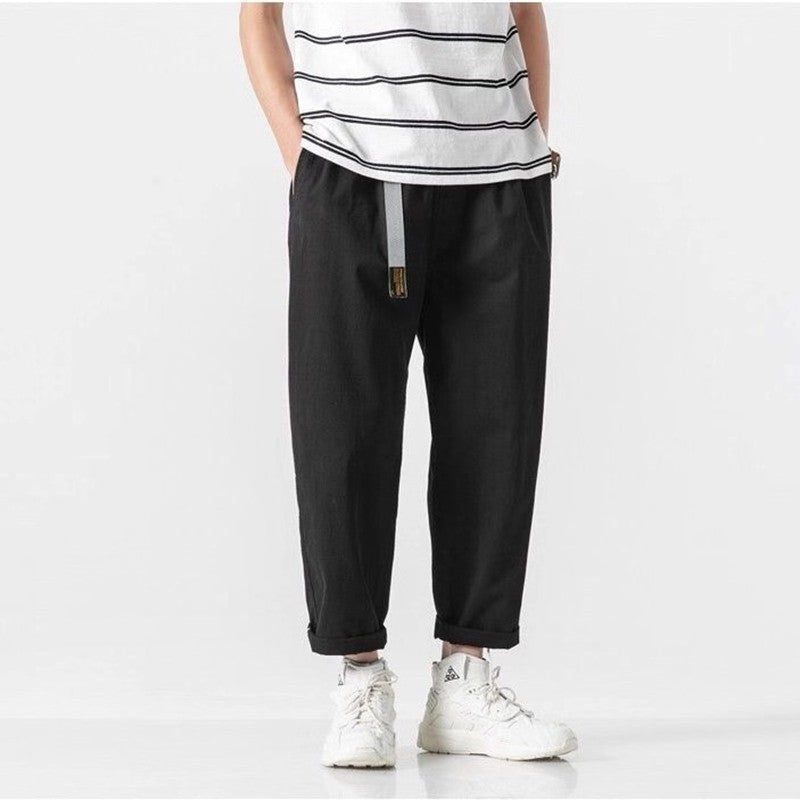 100% Cotton Casual Summer Pants With Belt Men Straight Baggy Ankle-Length Cargo Trousers Wide Leg Sweatpants Male Streetwear