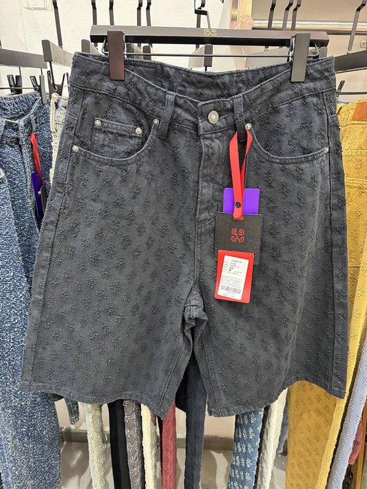 New Summer Men Distressed Short Jeans Vintage Jacquard Straight Leg Men's Denim Shorts Pants