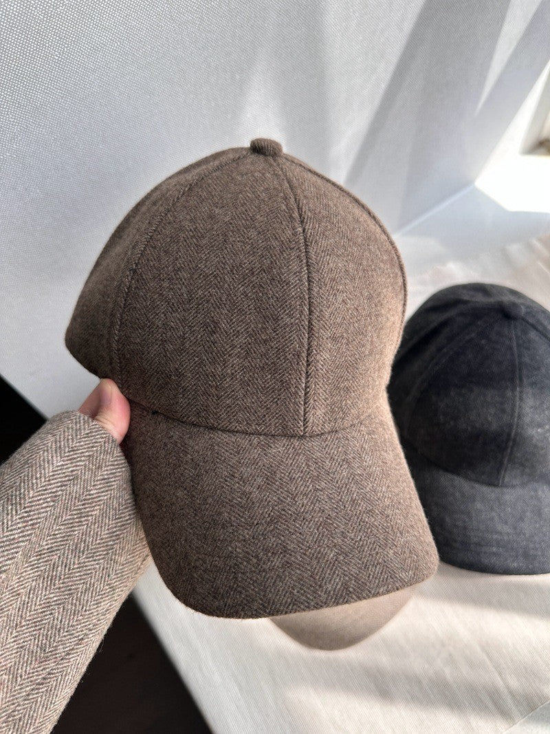Stylish Wool Herringbone Baseball Cap for Men & Women, Thick Hard Top, Small Face