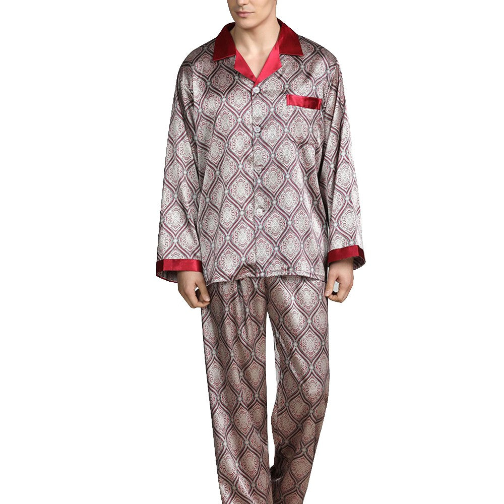 Mens Satin Silk Pajama Sets Sleepwear Casual Nightgown Loose Loungewear Pajamas Pijamas Autumn New Print Nightwear Homewear