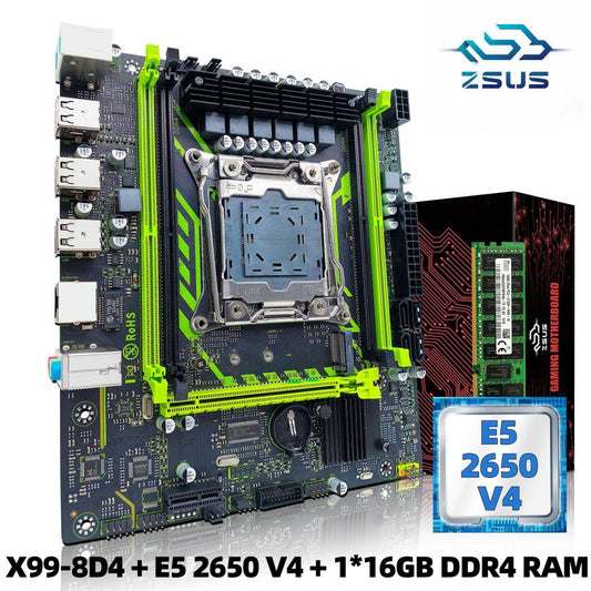 Kit Placa-mãe ZSUS X99-8D4 com CPU LGA2011-3 Xeon E5 2650 V4 DDR4 16GB (1*16GB) 2133MHZ Memória RAM NVME M.2 SATA