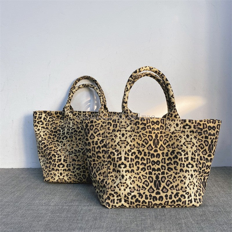 Korean Fashion Leopard Pattern Shoulder Bag Trendy Letter Embroidery Tote Bags Women Canvas Large Capacity Handbag Shopping Bags