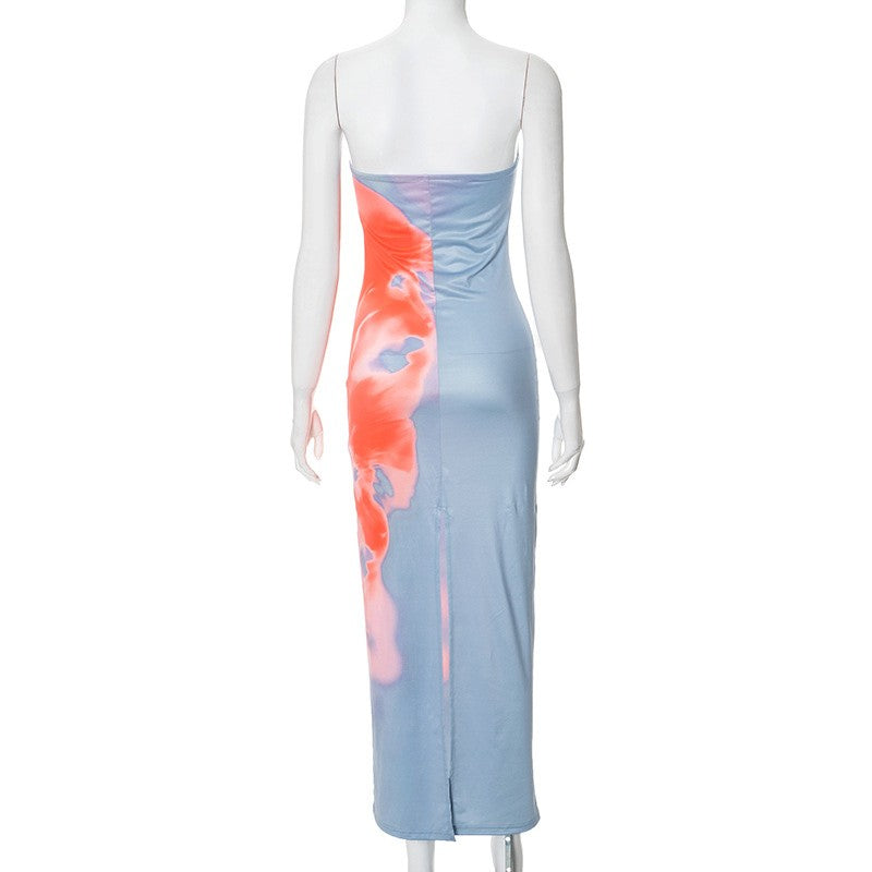 Sexy Strapless Print Tube Maxi Dress Women Off Shoulder Backless Stretch Long Su
