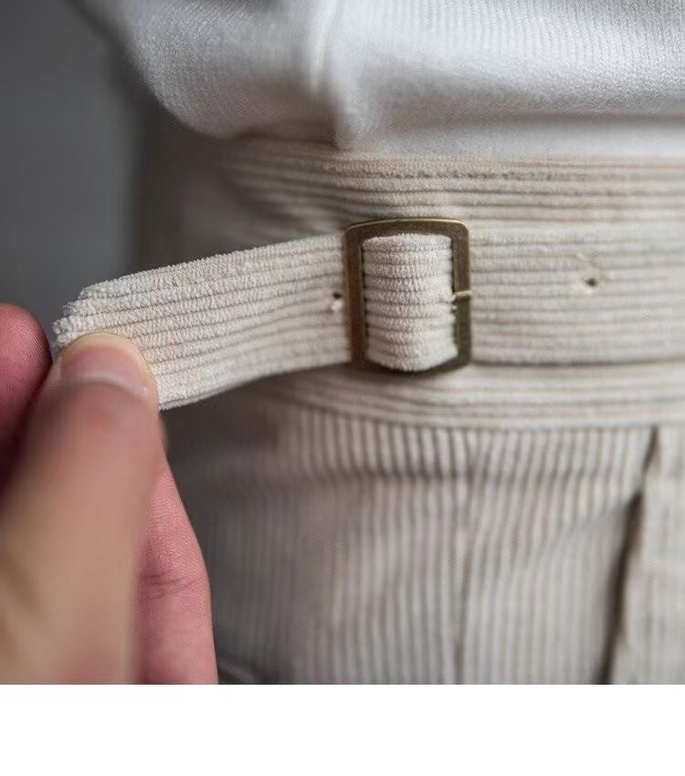 Italian Style Corduroy Naples Suit Pants Men High-waisted Adjustable Belt Straight Trousers Autumn England Business Casual Pant