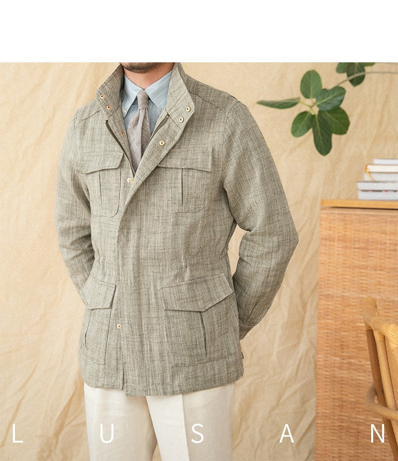 Cotton and Linen Vertical Collar Tight Waist M65 Hunting Jacket Retro All-match Spring and Summer Lightweight Casual Jacket
