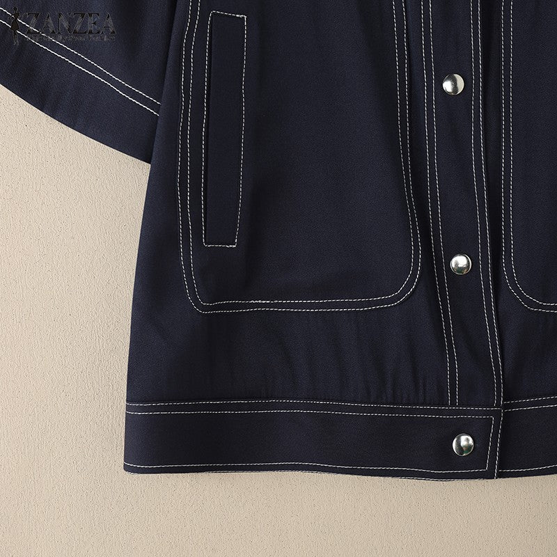 ZANZEA Women's Denim-Like Contrast-Stitch Shirts 2025 Fashion Turn-Down Collar Short Sleeve Button Up Shirt Streetwear Woman Top