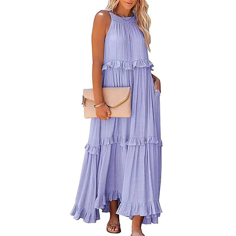 Women Casual Solid Ruffles Long Dress Summer Elegant Sleeveless Sundress Elegant