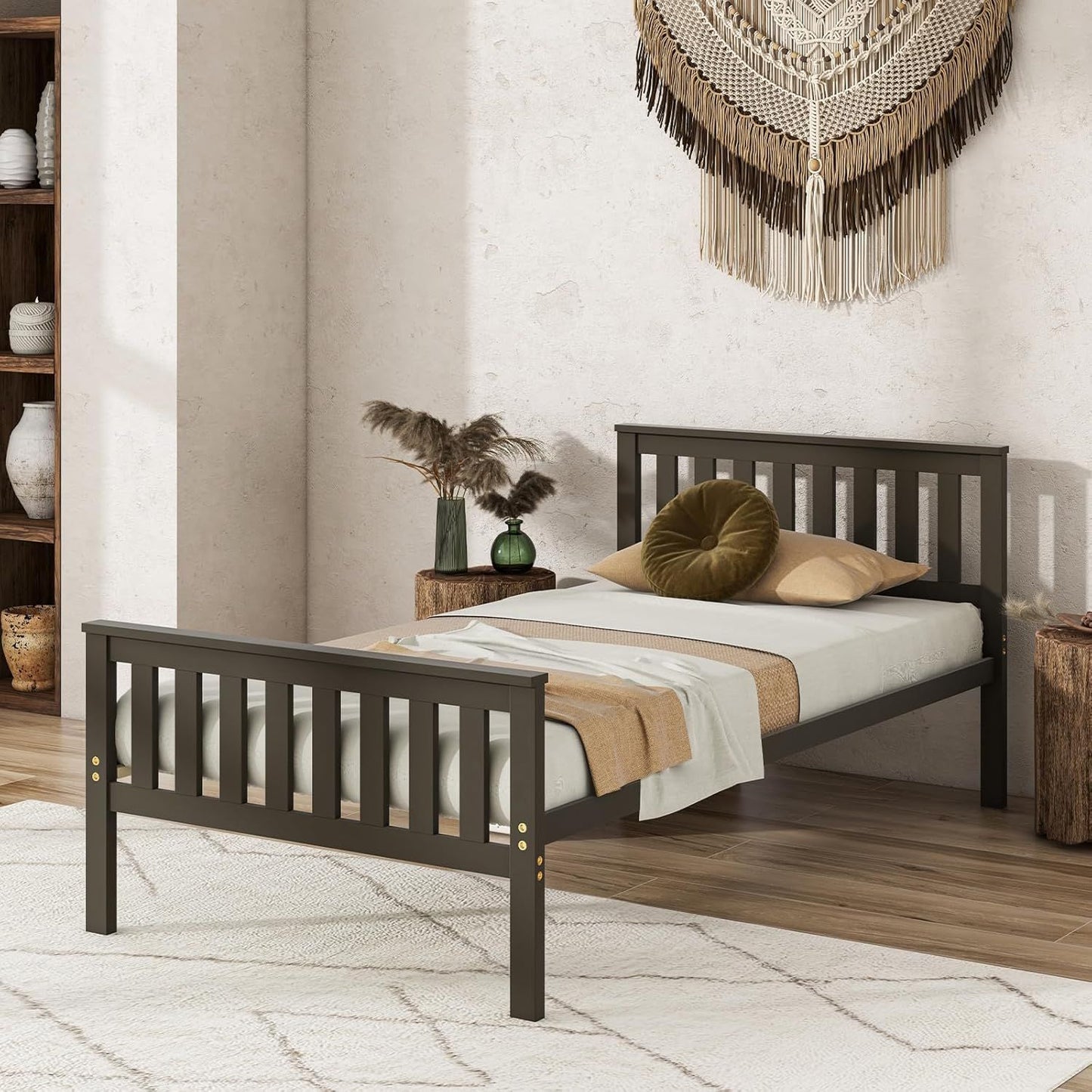 Wood Twin Bed Frames with Headboard, Mid Century Platform Bed with Wooden Slats Support, 12" Under-Bed Storage Space, No
