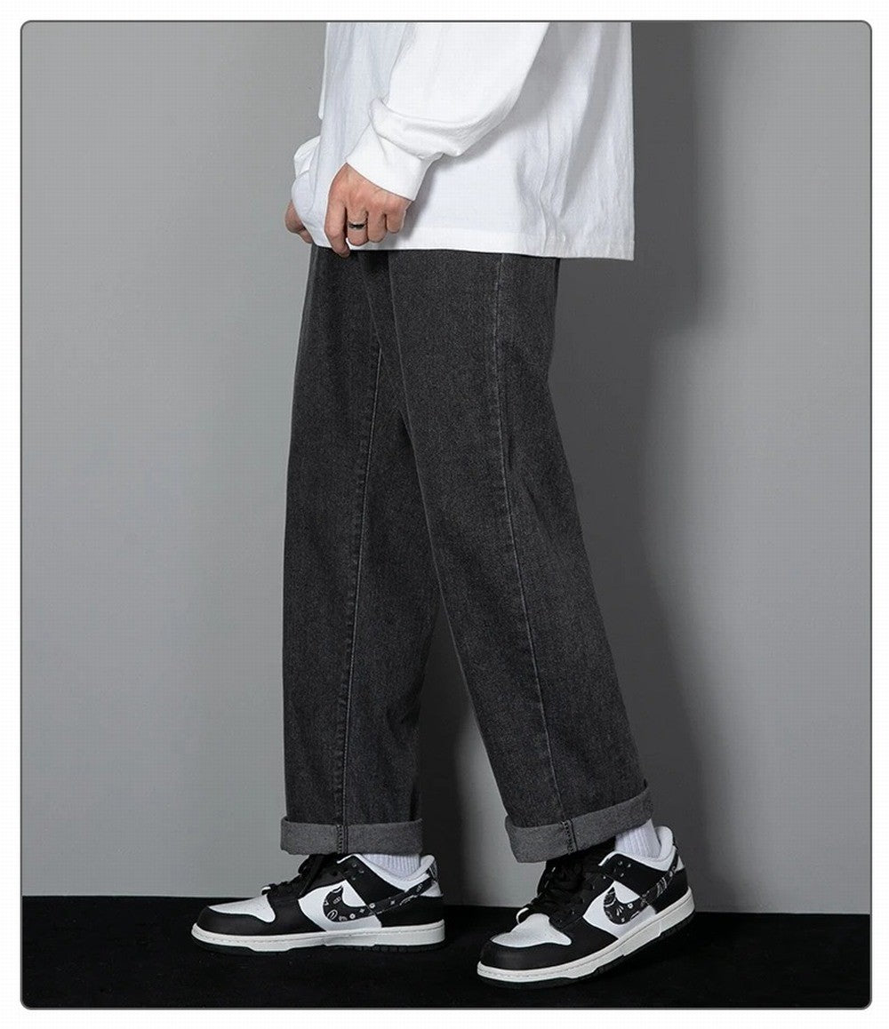 Korean Solid Colors Men's Casual Long Jeans Classic Man Four Seasons Straight Denim Wide-leg Pants Light Blue Grey Black 3XL