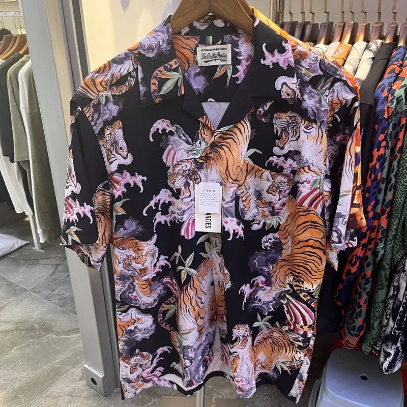 Classics Summer WACKO MARIA Shirts Full Print Leopard Rayon Short-sleeved Real Photos Hawaiian Shirt for Men Women