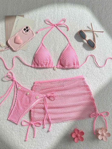 2025 new printed neck halter women's swimsuit suspender sexy bikini split-band hot spring swimsuit