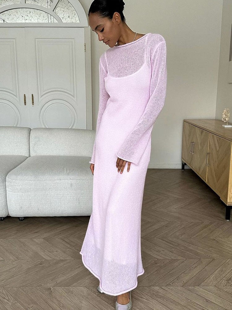 Spring Autumn O-Neck Elastic Knit Long Dresses Women 2024 Elegant Chic Soft Lady