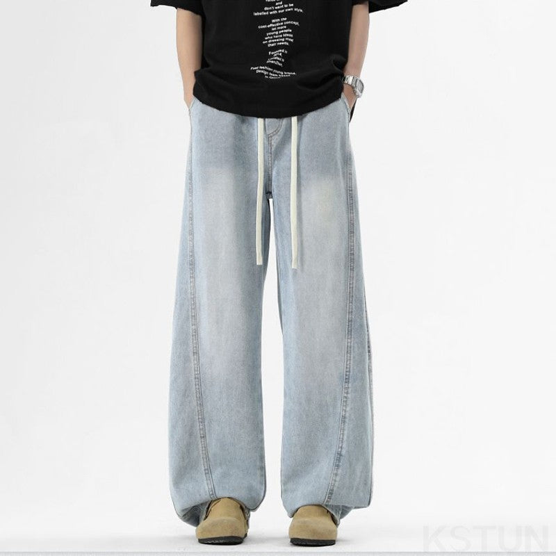 KSTUN Light Blue Jeans Men Straight Loose Mens Baggy Pants Elastic Wasit Wide Leg Jeans Vintage Washed Large Size Spring 2026