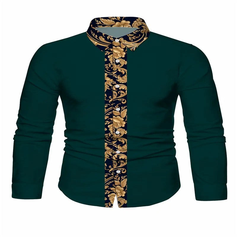 Men's black and red long sleeved shirt with fashionable Pegasus print button up shirt - long sleeved, lapel, non elastic fabric,