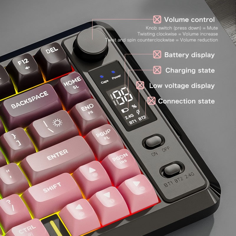 Teclado sem fio com tela M75, Bluetooth Dual-mode, teclas esféricas PBT gradiente, teclado gamer