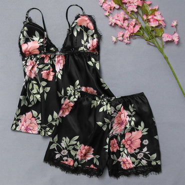 Women Pajama Suit Fashion V-Neck Stretch Satin Babydoll Lace Sexy Lingerie Bowknot Pyjamas Sleep Shorts Set Sleepwear New