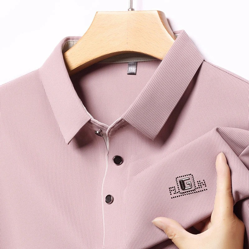 New Men's Business Casual Long Sleeved Shirt with Badge Solid Color Polo Shirt Fashionable Breathable Comfortable Versatile Top