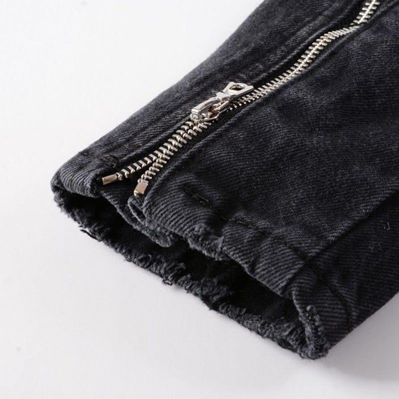 Sokotoo Men's zippers black biker jean jacket Streetwear thick denim slim coat with belt High quality