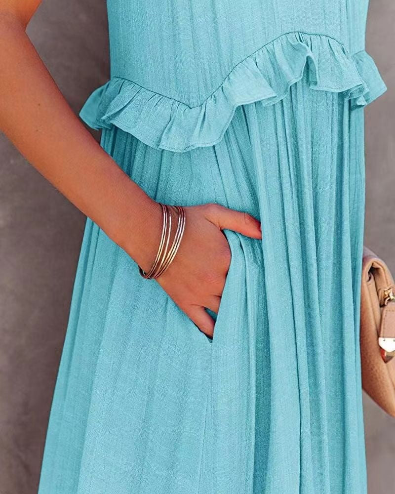 Elegant Women's Apricot Ruffle Edge Long Mop Floor Dresses Summer Fashion Hangin