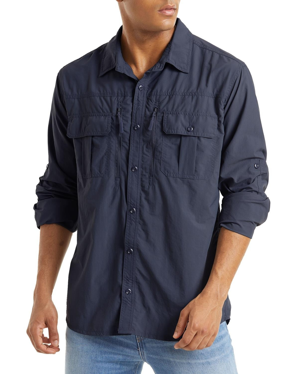 TACVASEN With 2 Chest Zipper Pockets Cargo Shirt Men's Quick Drying Skin Protective Long Sleeve Work Shirt Male Tops Outdoor