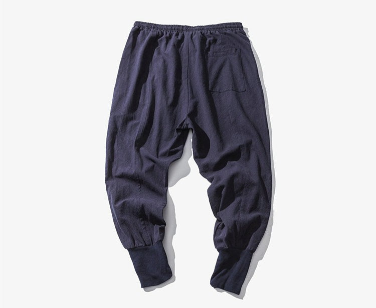 Cotton Linen Harem Pants Men Solid Elastic Waist Streetwear Joggers New Baggy Drop-crotch Pants Casual Trousers Men