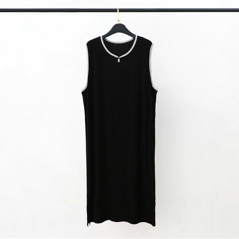 Modal Cotton Men Plus Size Pajamas Night Gown for Summer Solid Color Thin Sleeveless Medium Long Loose Button Vest Style Dress