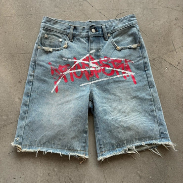 Y2K Graffiti Jorts Rhinestone Distressed Printed Denim Shorts Men Women Trend Retro Hip Hop Streetwear Unisex Baggy Short Pants