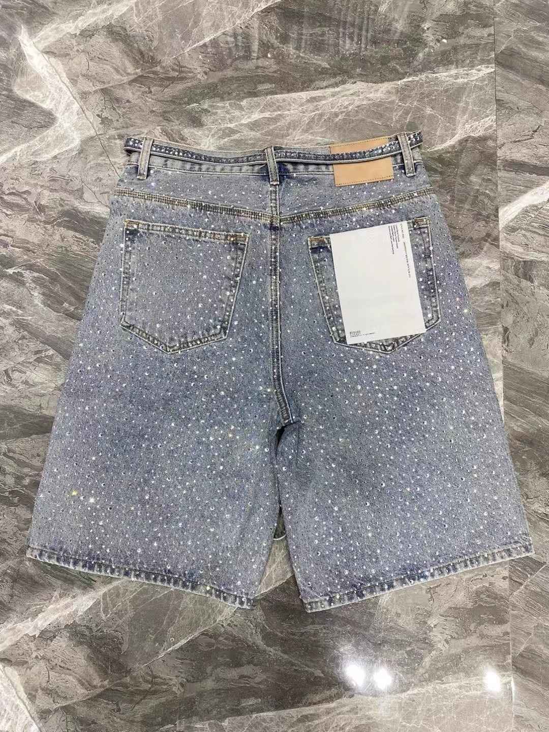 Streetwear Mens Womens Vintage Rhinestone Sequin Denim Shorts Y2K Jeans Hip Hop Washed Baggy Jeans Low Rise Over The Knee Pants