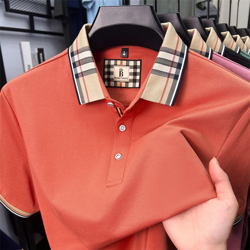 Luxury brand short sleeve polo shirt men's summer new silk cotton breathable fashion top casual business plaid lapel T-shirt