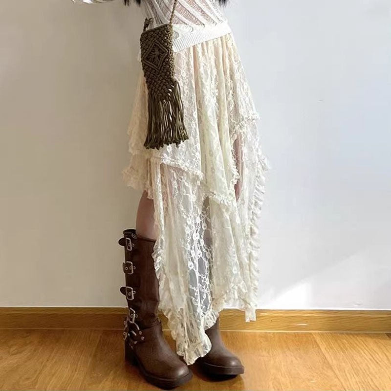 Lace Asymmetrical Skirt Women Vintage Y2K Boho Aesthetic Fashion High Waist Mid Skirts Summer Ladies Holiday Outfits
