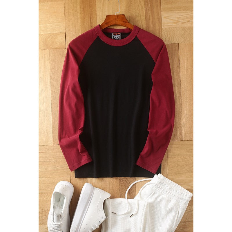 Summer New American Retro Raglan Long-sleeved O-neck Montage T-shirt Men's Fashion Simple 100%Cotton Washed Casual Sport Tops