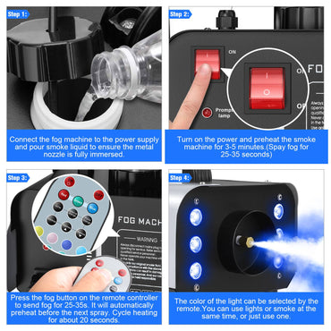 U'King 1200W Fog Machine 6LEDs Remote Fogger Ejector Disco Colorful Smoke Machine DJ Christmas Party Effects Stage Light