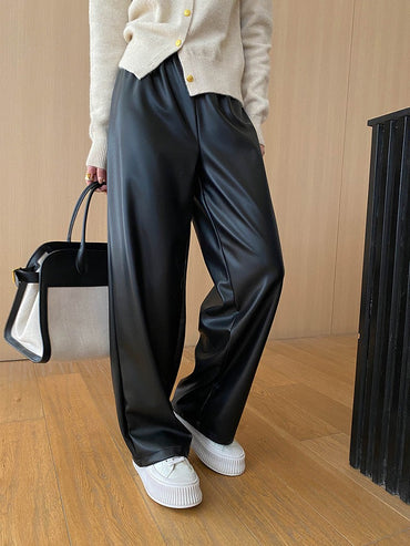 High Elastic Waist Coffee Pu Leather Long Wide Leg Pants New Trousers Women Fashion Tide Spring Autumn