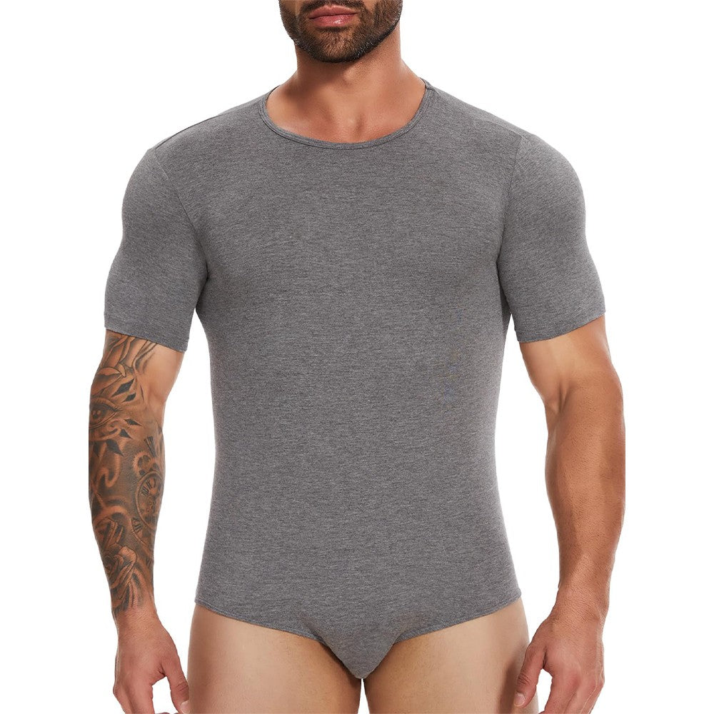 Men Short Sleeve Bodysuit Press Botton Crotch Shirt Pajamas Bodysuit Undershirts Leotard Top