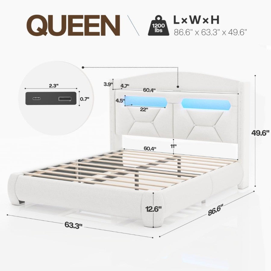 Estrutura de Cama Queen Size com Cabeceira Estofada em Bouclé, Base Plataforma com Armazenamento, Estação de Carregamento, Luzes LED e Espuma Macia