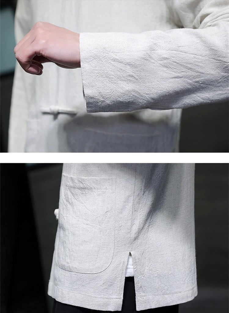 Chinese-style Men's Black Long-sleeve Shirt, Cotton-linen Blend Stand-up Collar Shirts, Available in Burgundy, Beige, and Gray.