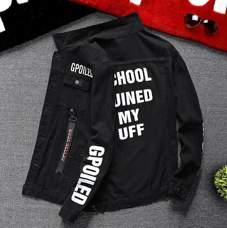 Jeans Coat for Men Hip Hop with Print Ripped Button Black Hole Denim Jackets Man Size L Large Lxury Worn Cowgirl Fast Delvery G