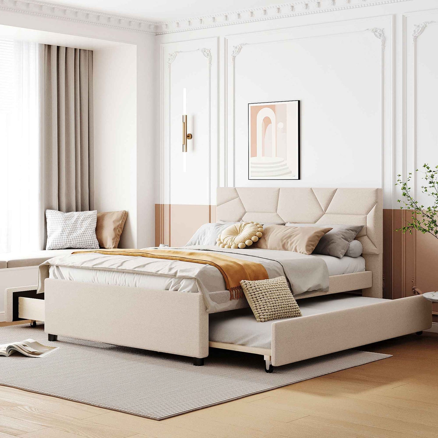 Full Size Upholstered Platform Bed , with Twin Size Trundle and 2 Drawers, Linen Fabric, Beige