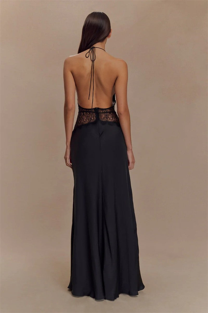 Mozision Summer Backless Sexy Maxi Dress Women Gown Patchwork Lace Halter Deep V