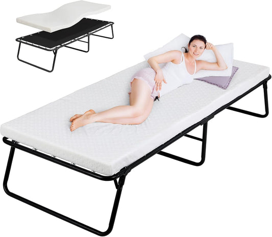 Rollaway Bed with Mattress for Adults,Foldable Bed,Portable Bed,Metal Bed Frame with Memory Foam Mattress, Guest Bed for Bedroom