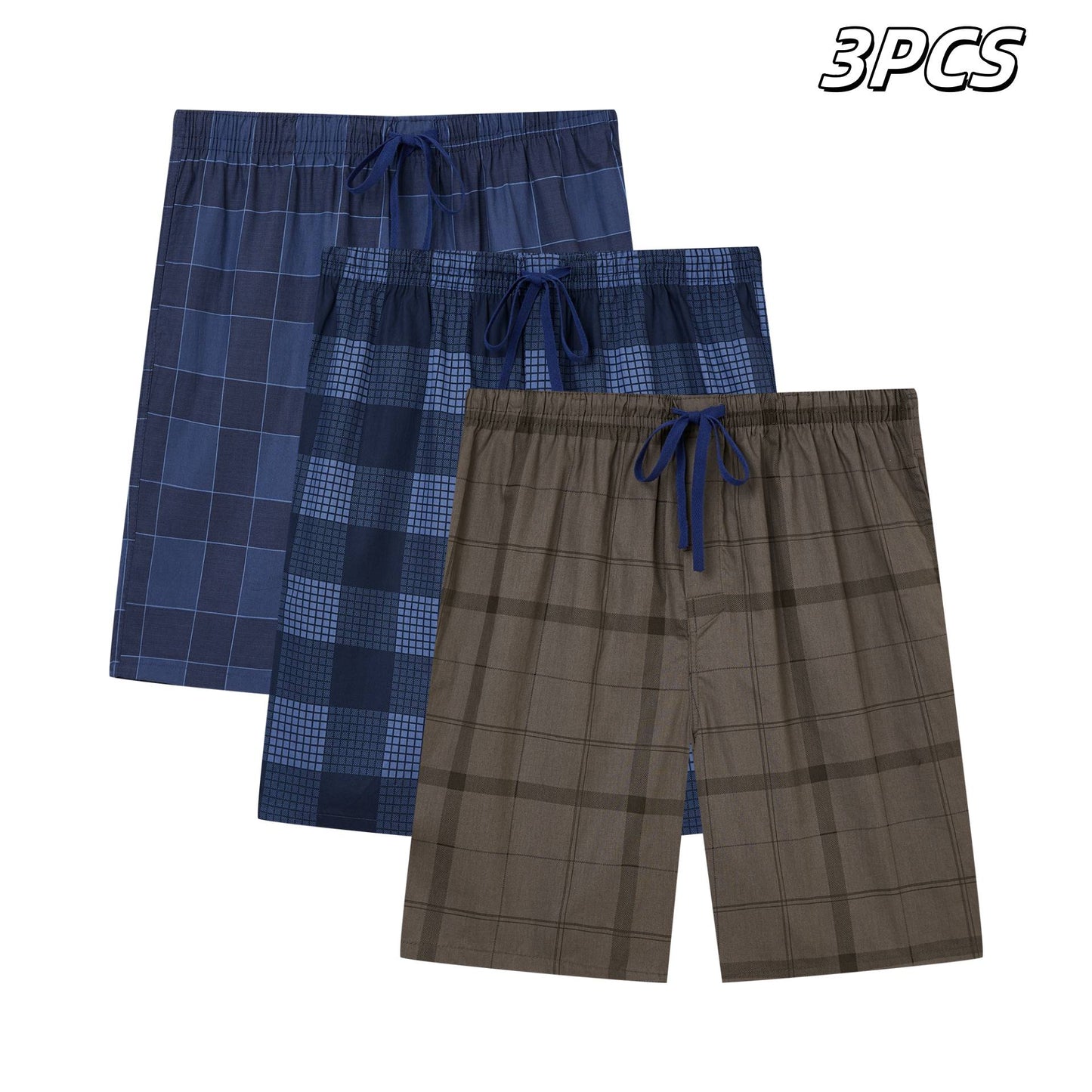 3pcs Mens Pajama Pants Woven 100% Cotton Classic Plaid Shorts Sleepwear Casual Comfortable with Button and Drawstring Pockets